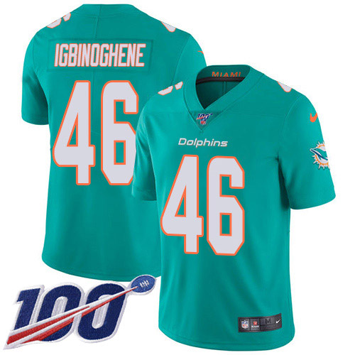 Nike Miami Dolphins #46 Noah Igbinoghene Aqua Green Team Color Youth Stitched NFL 100th Season Vapor Untouchable Limited Jersey->youth nfl jersey->Youth Jersey